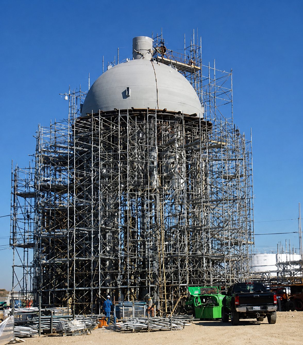 Large industrial vessel surrounded by scaffolding during the day.