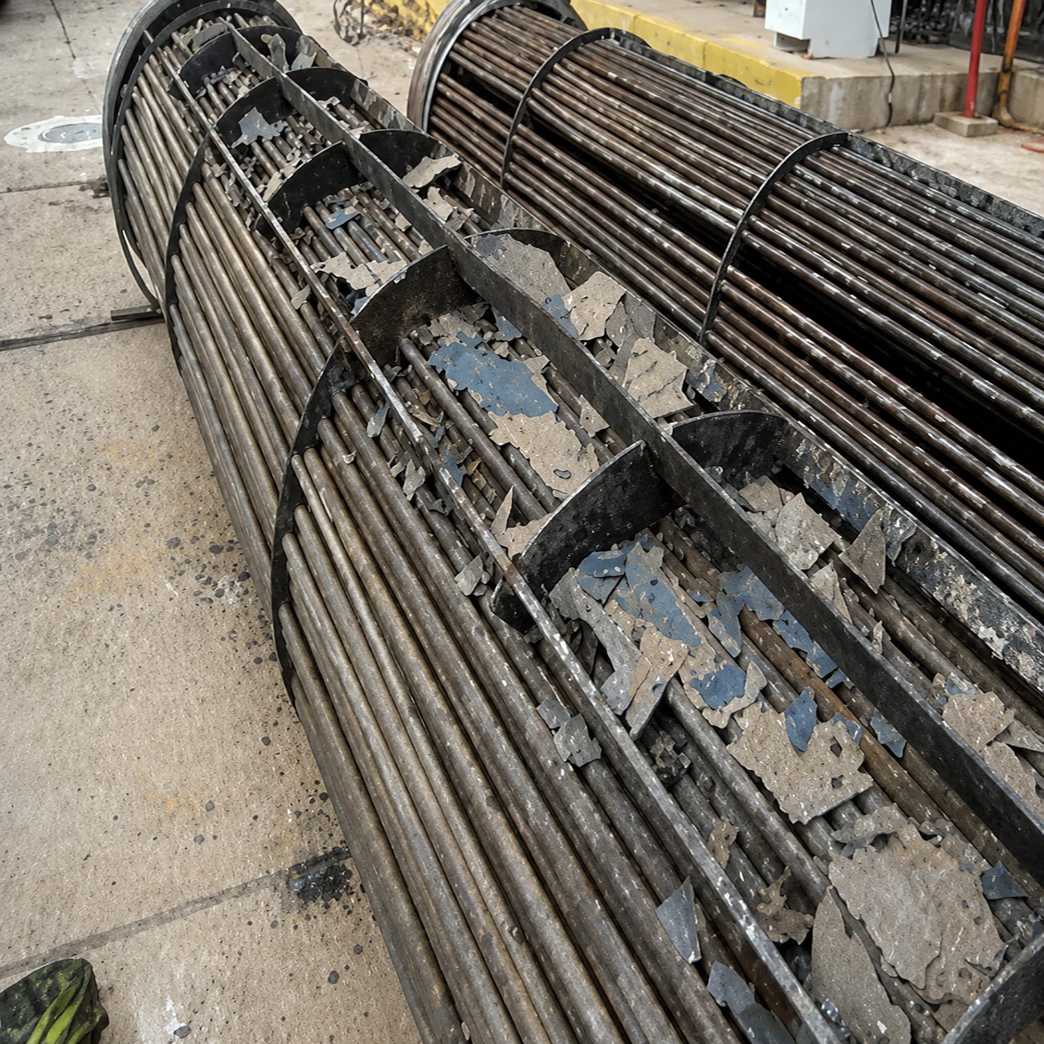 Interior view of a large industrial heat exchanger shell.