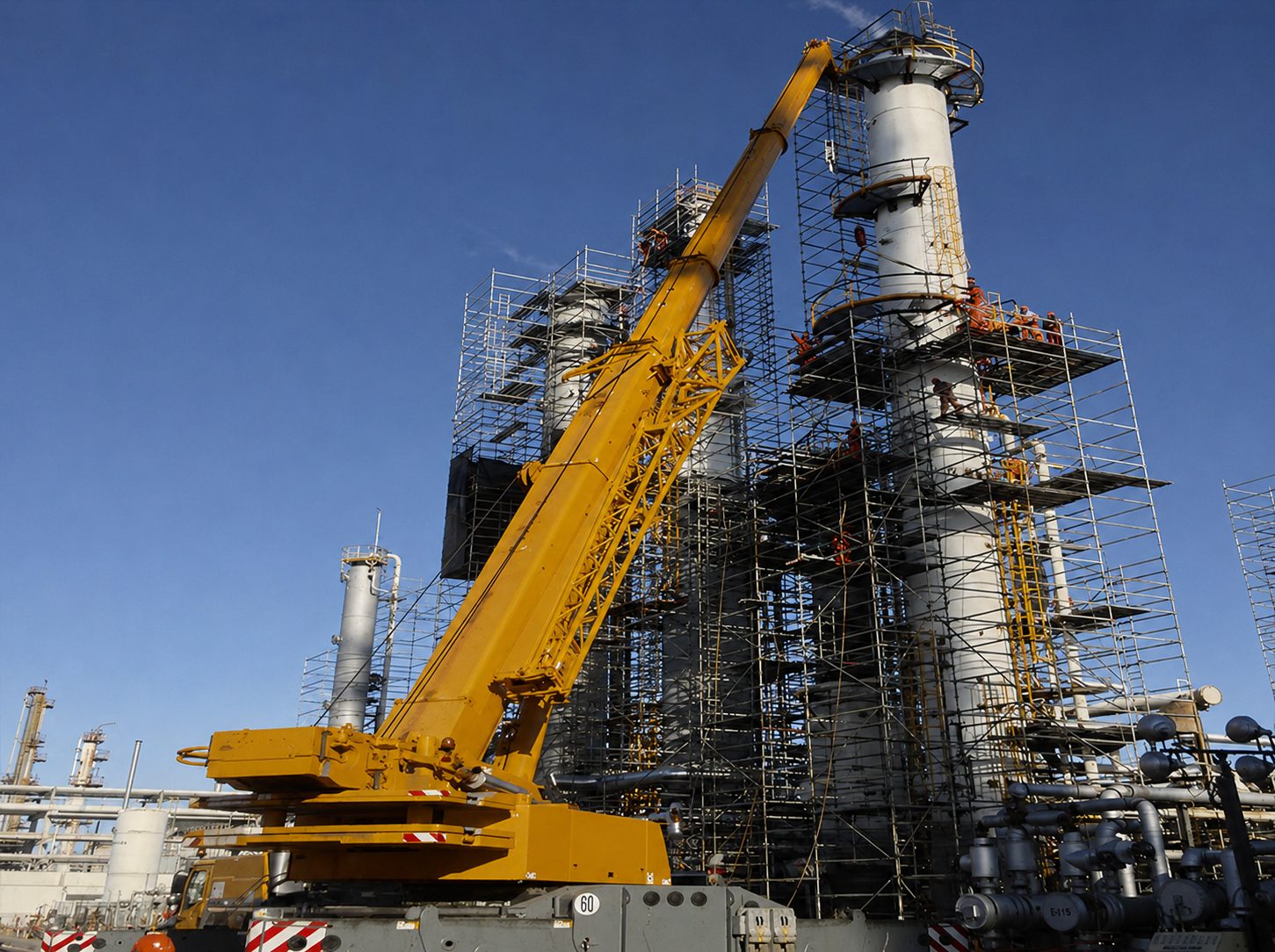 Crane lifting equipment beside a refinery tower surrounded by scaffolding.
