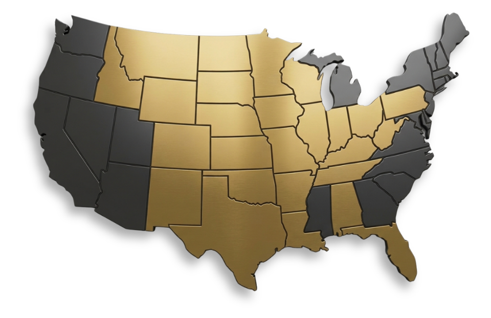 Map of the United States with the states where IES executes projects highlighted in gold