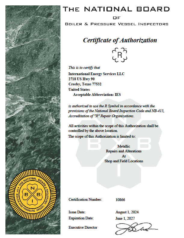 National Board Certificate of Authorization for the "R" Symbol issued to International Energy Services LLC, certification number 10866.