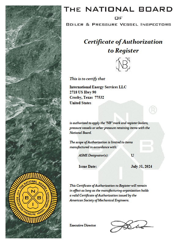 National Board Certificate of Authorization to Register the "NB" Mark issued to International Energy Services LLC.