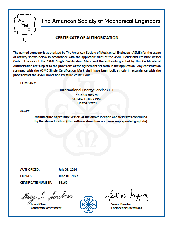 ASME Certificate of Authorization for the "U" Single Certification Mark issued to International Energy Services LLC, certificate number 56160.